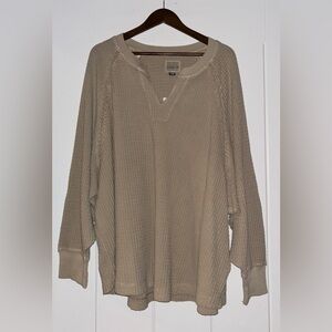 American Eagle Big Hug Oversize Waffle Knit Thermal Tan Sweatshirt Women XL NEW